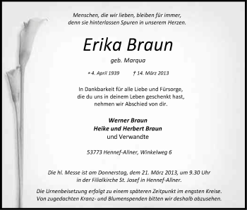 Anzeige von Erika Braun von Kölner Stadt-Anzeiger / Kölnische Rundschau / Express
