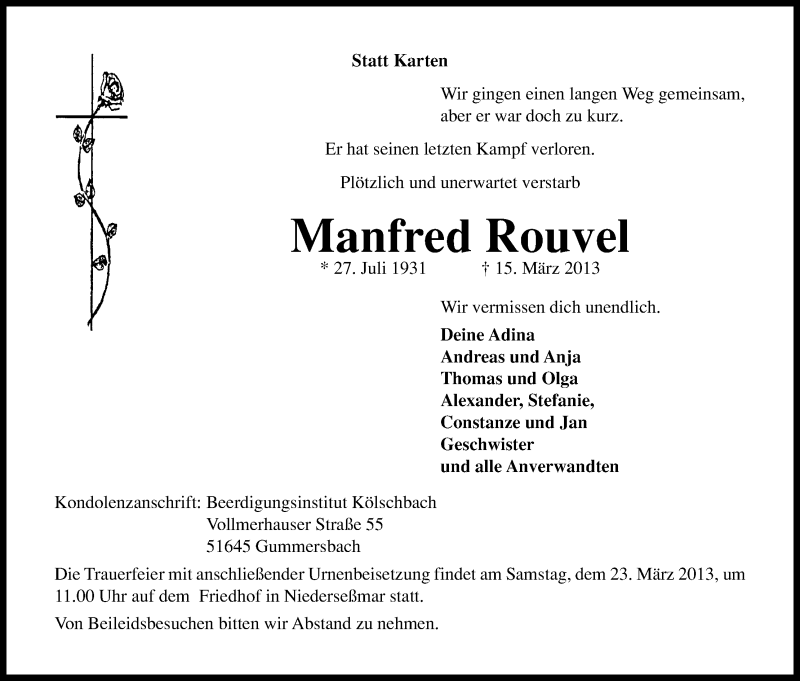  Traueranzeige für Manfred Rouvel vom 19.03.2013 aus Kölner Stadt-Anzeiger / Kölnische Rundschau / Express