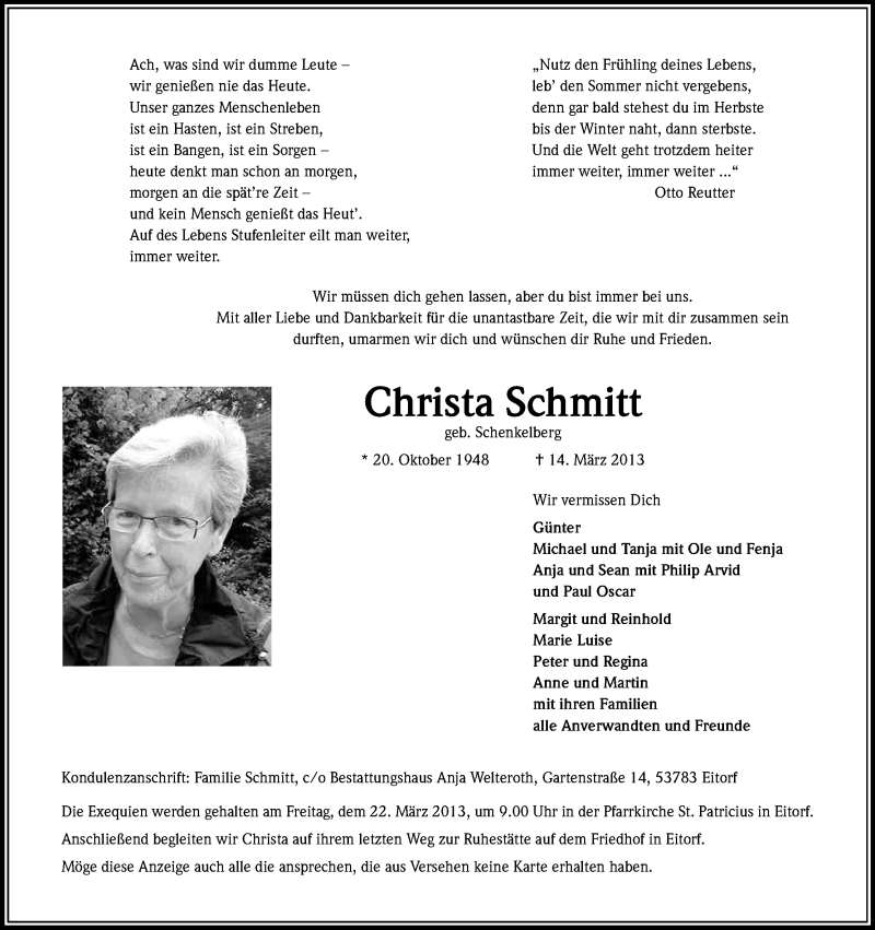  Traueranzeige für Christa Schmitt vom 19.03.2013 aus Kölner Stadt-Anzeiger / Kölnische Rundschau / Express