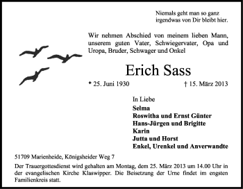 Anzeige von Erich Sass von Kölner Stadt-Anzeiger / Kölnische Rundschau / Express