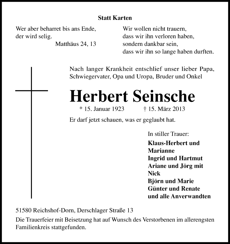  Traueranzeige für Herbert Seinsche vom 20.03.2013 aus Kölner Stadt-Anzeiger / Kölnische Rundschau / Express