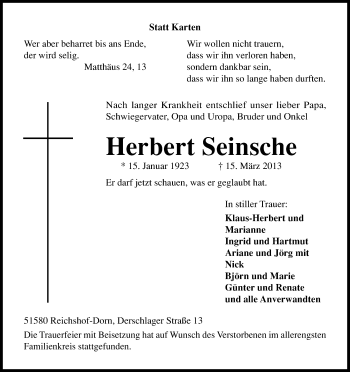 Anzeige von Herbert Seinsche von Kölner Stadt-Anzeiger / Kölnische Rundschau / Express