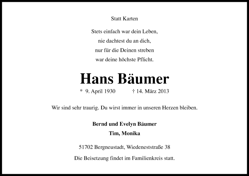  Traueranzeige für Hans Bäumer vom 20.03.2013 aus Kölner Stadt-Anzeiger / Kölnische Rundschau / Express