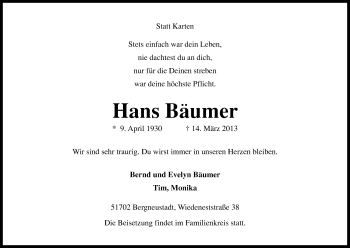 Anzeige von Hans Bäumer von Kölner Stadt-Anzeiger / Kölnische Rundschau / Express