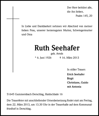 Anzeige von Ruth Seehafer von Kölner Stadt-Anzeiger / Kölnische Rundschau / Express