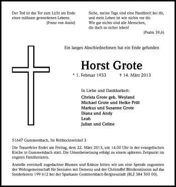 Anzeige von Horst Grote von Kölner Stadt-Anzeiger / Kölnische Rundschau / Express