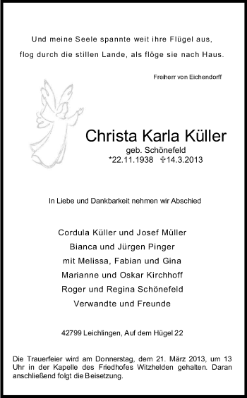 Anzeige von Christa Karla Küller von Kölner Stadt-Anzeiger / Kölnische Rundschau / Express