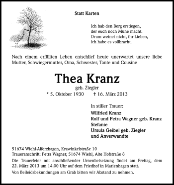 Anzeige von Thea Kranz von Kölner Stadt-Anzeiger / Kölnische Rundschau / Express