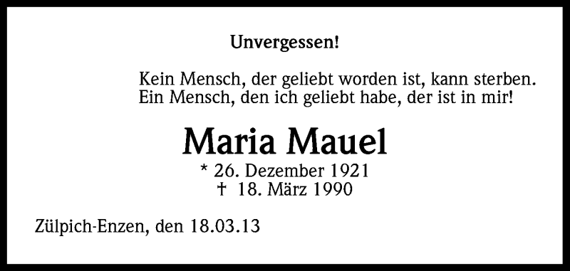  Traueranzeige für Maria Mauel vom 19.03.2013 aus Kölner Stadt-Anzeiger / Kölnische Rundschau / Express