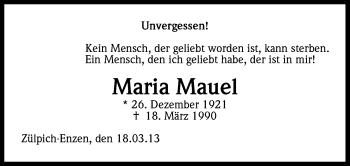 Anzeige von Maria Mauel von Kölner Stadt-Anzeiger / Kölnische Rundschau / Express