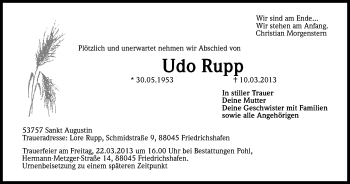 Anzeige von Udo Rupp von Kölner Stadt-Anzeiger / Kölnische Rundschau / Express