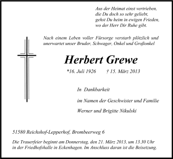 Anzeige von Herbert Grewe von Kölner Stadt-Anzeiger / Kölnische Rundschau / Express
