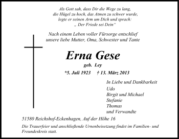 Anzeige von Erna Gese von Kölner Stadt-Anzeiger / Kölnische Rundschau / Express