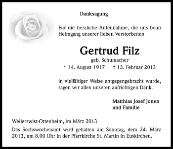 Anzeige von Gertrud Filz von Kölner Stadt-Anzeiger / Kölnische Rundschau / Express