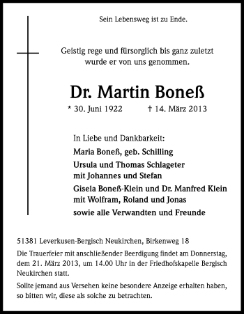 Anzeige von Martin Boneß von Kölner Stadt-Anzeiger / Kölnische Rundschau / Express