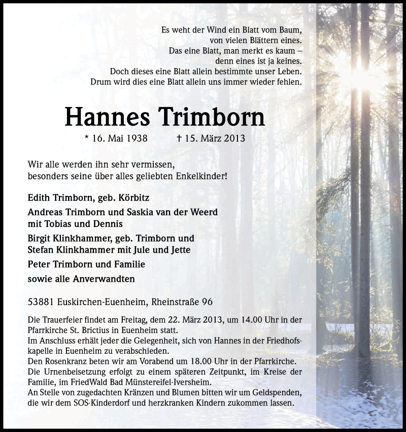  Traueranzeige für Hannes Trimborn vom 19.03.2013 aus Kölner Stadt-Anzeiger / Kölnische Rundschau / Express