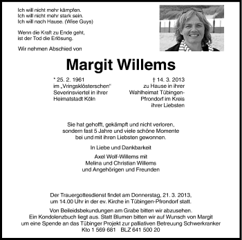 Anzeige von Margit Willems von Kölner Stadt-Anzeiger / Kölnische Rundschau / Express