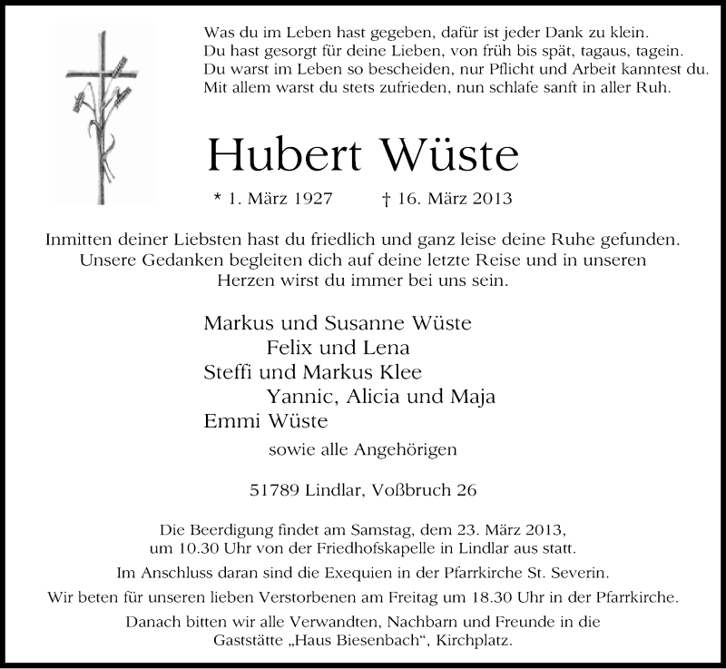  Traueranzeige für Hubert Wüste vom 19.03.2013 aus Kölner Stadt-Anzeiger / Kölnische Rundschau / Express