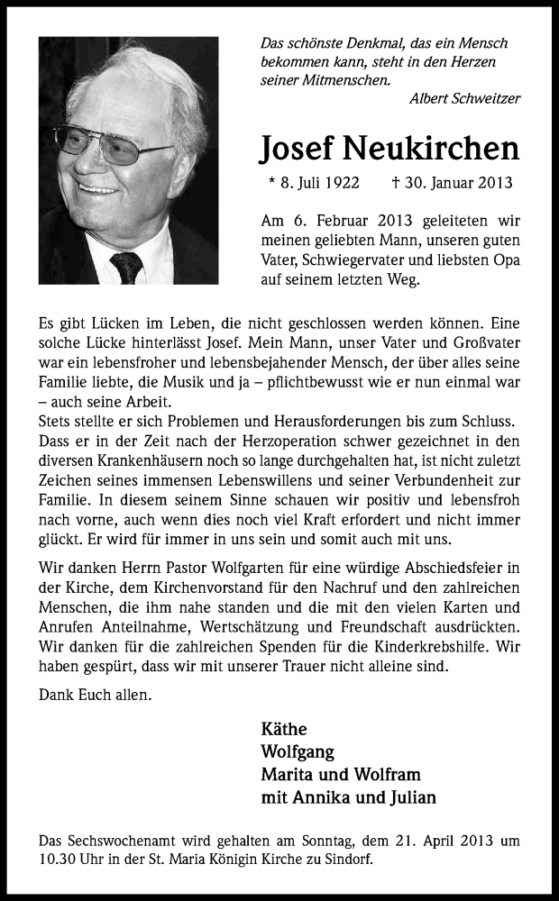  Traueranzeige für Josef Neukirchen vom 06.04.2013 aus Kölner Stadt-Anzeiger / Kölnische Rundschau / Express