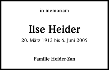 Anzeige von Ilse Heider von Kölner Stadt-Anzeiger / Kölnische Rundschau / Express