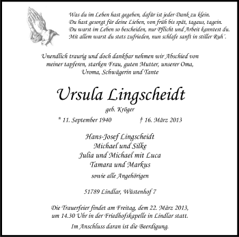 Anzeige von Ursula Lingscheidt von Kölner Stadt-Anzeiger / Kölnische Rundschau / Express