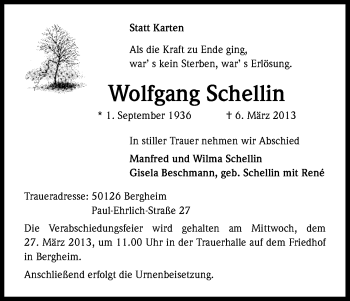 Anzeige von Wolfgang Schellin von Kölner Stadt-Anzeiger / Kölnische Rundschau / Express