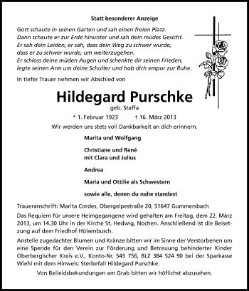 Anzeige von Hildgard Purschke von Kölner Stadt-Anzeiger / Kölnische Rundschau / Express