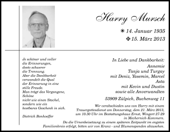 Anzeige von Harry Mursch von Kölner Stadt-Anzeiger / Kölnische Rundschau / Express