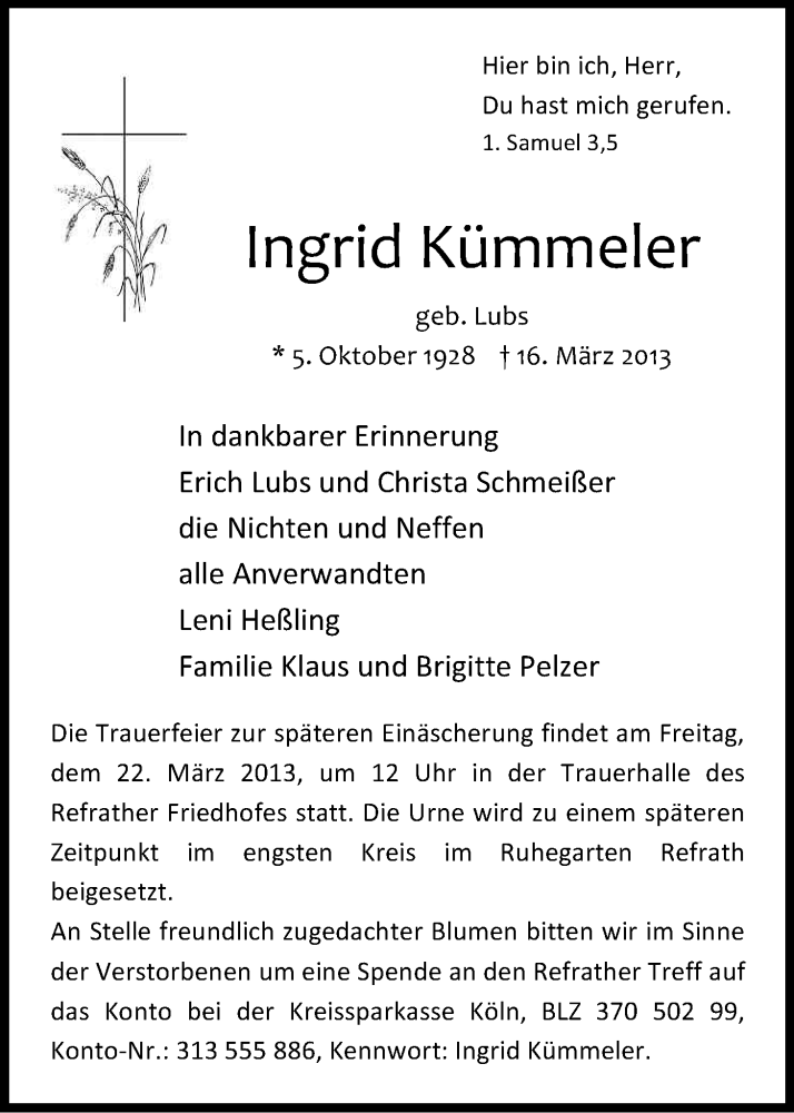  Traueranzeige für Ingrid Kümmeler vom 19.03.2013 aus Kölner Stadt-Anzeiger / Kölnische Rundschau / Express