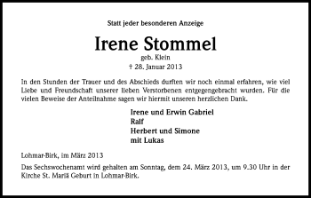 Anzeige von Irene Stommel von Kölner Stadt-Anzeiger / Kölnische Rundschau / Express