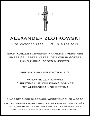 Anzeige von Alexander Zlotkowski von Kölner Stadt-Anzeiger / Kölnische Rundschau / Express