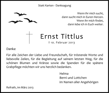 Anzeige von Ernst Tittlus von Kölner Stadt-Anzeiger / Kölnische Rundschau / Express