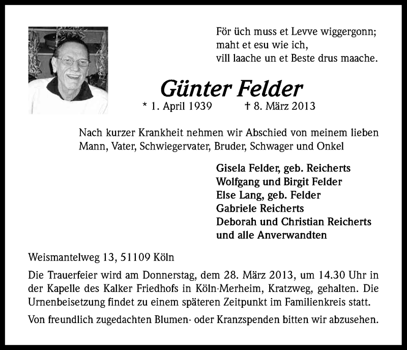  Traueranzeige für Günter Felder vom 23.03.2013 aus Kölner Stadt-Anzeiger / Kölnische Rundschau / Express