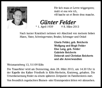 Anzeige von Günter Felder von Kölner Stadt-Anzeiger / Kölnische Rundschau / Express