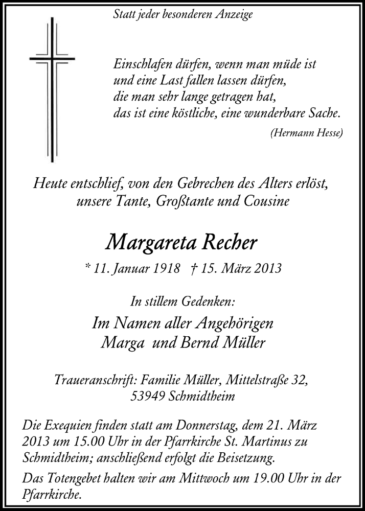  Traueranzeige für Margareta Recher vom 19.03.2013 aus Kölner Stadt-Anzeiger / Kölnische Rundschau / Express
