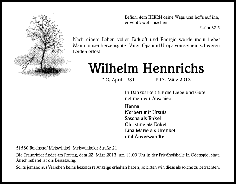  Traueranzeige für Wilhelm Hennrichs vom 19.03.2013 aus Kölner Stadt-Anzeiger / Kölnische Rundschau / Express