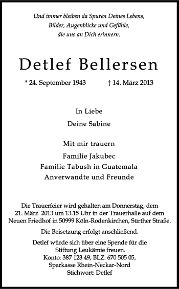 Anzeige von Detlef Bellersen von Kölner Stadt-Anzeiger / Kölnische Rundschau / Express