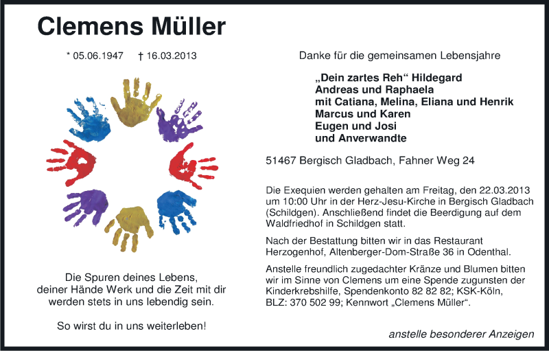  Traueranzeige für Clemens Müller vom 19.03.2013 aus Kölner Stadt-Anzeiger / Kölnische Rundschau / Express