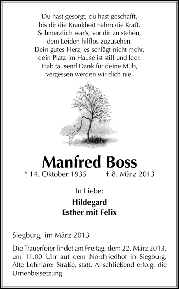Anzeige von Manfred Boss von Kölner Stadt-Anzeiger / Kölnische Rundschau / Express