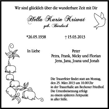 Anzeige von Hella Karin Kriwat von Kölner Stadt-Anzeiger / Kölnische Rundschau / Express