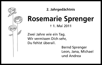 Anzeige von Rosemarie Sprenger von Kölner Stadt-Anzeiger / Kölnische Rundschau / Express