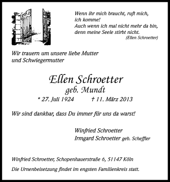 Anzeige von Ellen Schroetter von Kölner Stadt-Anzeiger / Kölnische Rundschau / Express