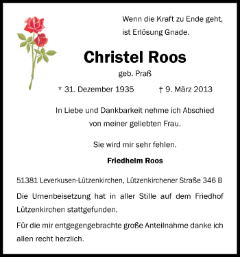 Anzeige von Christel Roos von Kölner Stadt-Anzeiger / Kölnische Rundschau / Express