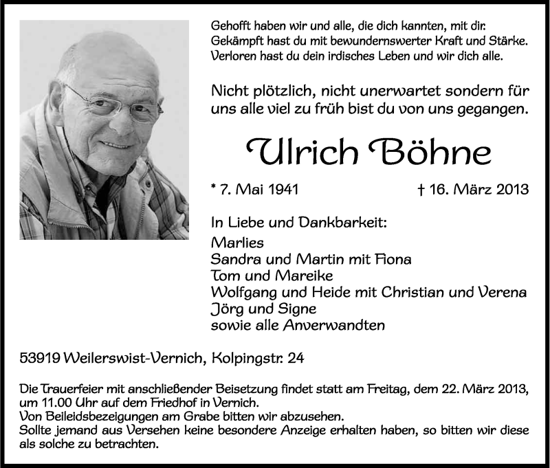  Traueranzeige für Ulrich Böhme vom 20.03.2013 aus Kölner Stadt-Anzeiger / Kölnische Rundschau / Express