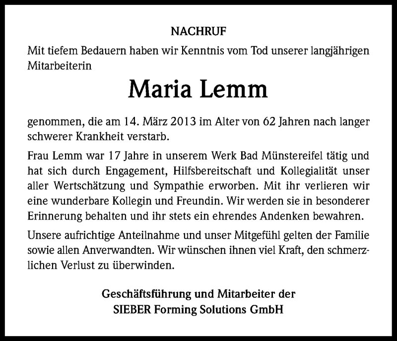  Traueranzeige für Maria Lemm vom 23.03.2013 aus Kölner Stadt-Anzeiger / Kölnische Rundschau / Express