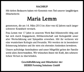 Anzeige von Maria Lemm von Kölner Stadt-Anzeiger / Kölnische Rundschau / Express