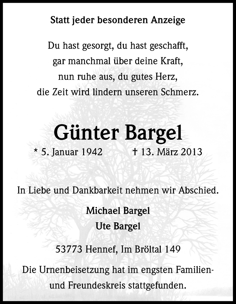  Traueranzeige für Günter Bargel vom 20.03.2013 aus Kölner Stadt-Anzeiger / Kölnische Rundschau / Express