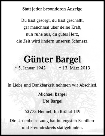 Anzeige von Günter Bargel von Kölner Stadt-Anzeiger / Kölnische Rundschau / Express