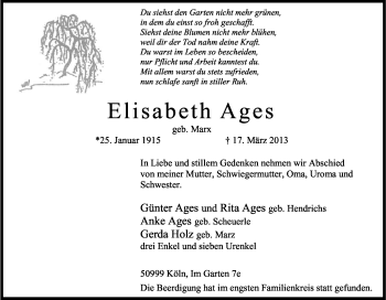 Anzeige von Elisabeth Ages von Kölner Stadt-Anzeiger / Kölnische Rundschau / Express