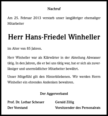 Anzeige von Hans-Friedel Winheller von Kölner Stadt-Anzeiger / Kölnische Rundschau / Express